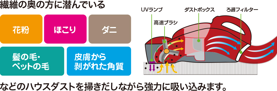 繊維の奥の方に潜んでいる。花粉・ほこり・ダニ・
        髪の毛・ペットの毛・皮膚から剥がれた角質などのハウスダストを掃きだしながら強力に吸い込みます。